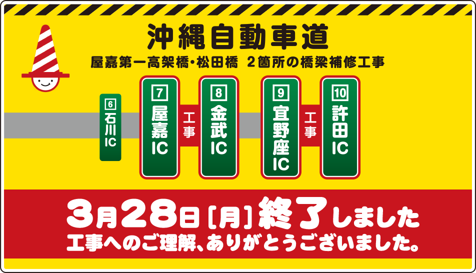 沖縄自動車道 終日対面通行規制　2016年1月7日（木）〜3月31日（木）