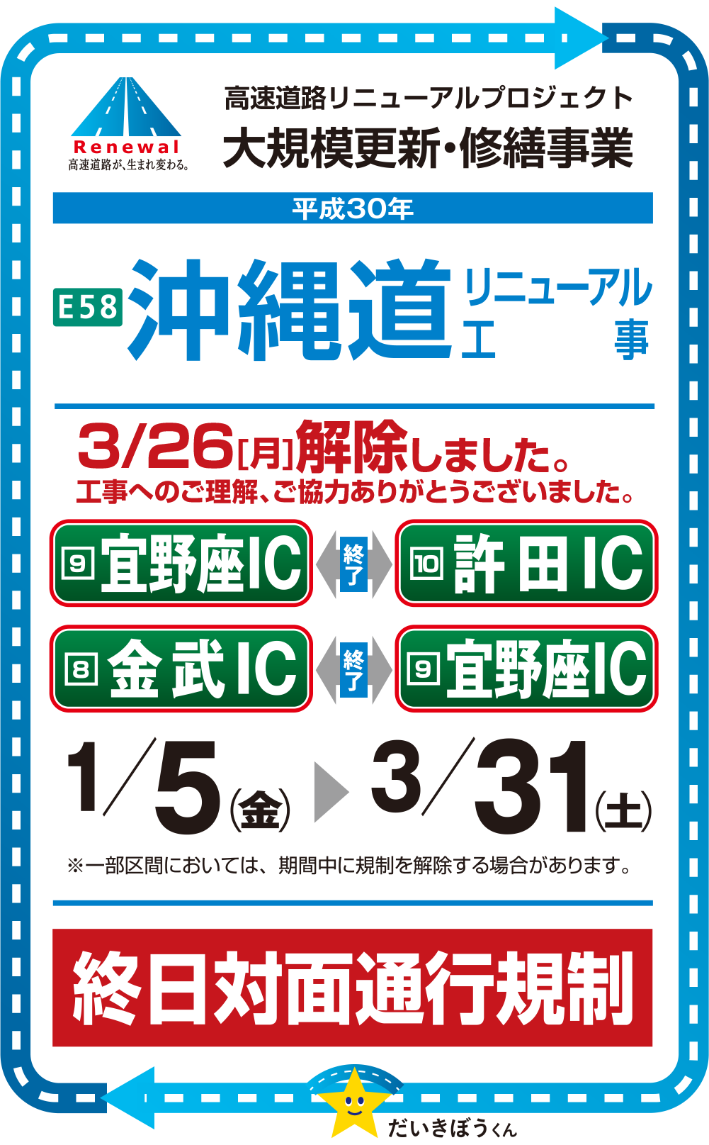 終日対面通行規制をいたします。沖縄道リニューアル工事。平成29年1/6〜3/31